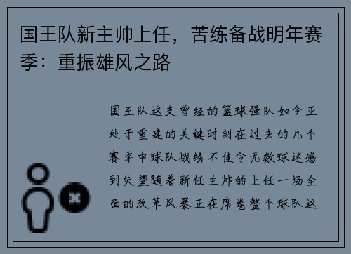 国王队新主帅上任，苦练备战明年赛季：重振雄风之路