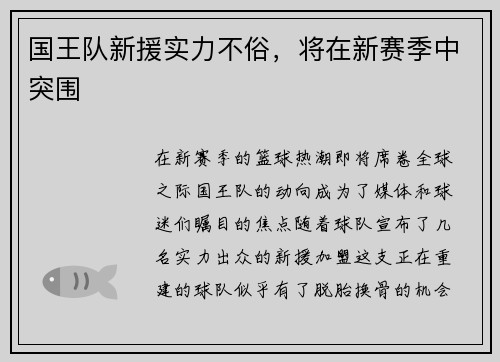 国王队新援实力不俗,将在新赛季中突围