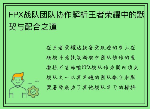 FPX战队团队协作解析王者荣耀中的默契与配合之道